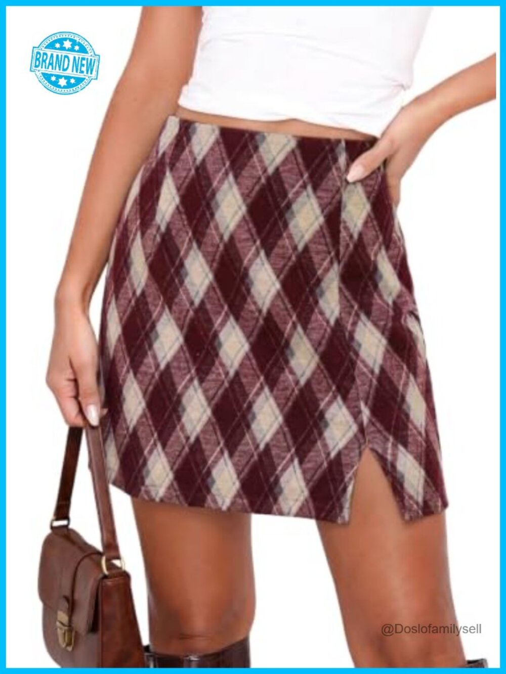 High Waist Plaid Mini Skirt with Side Slit & Pockets A-Line